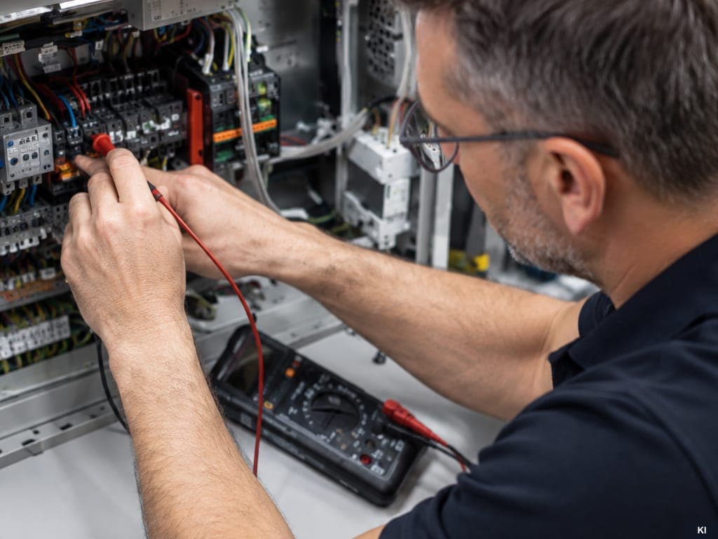 Elektrotechniker prüft einen Schaltschrank mit dem Multimeter (KI-generiertes Symbolbild)